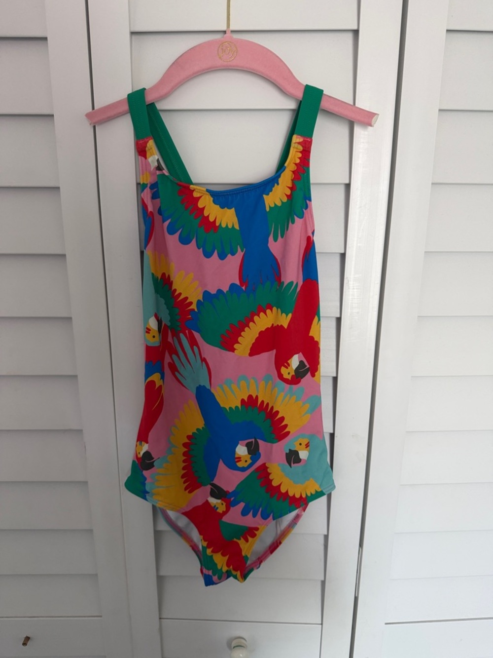 Mini Boden Pink One-Piece Swimsuit with Colorful Parrot Print